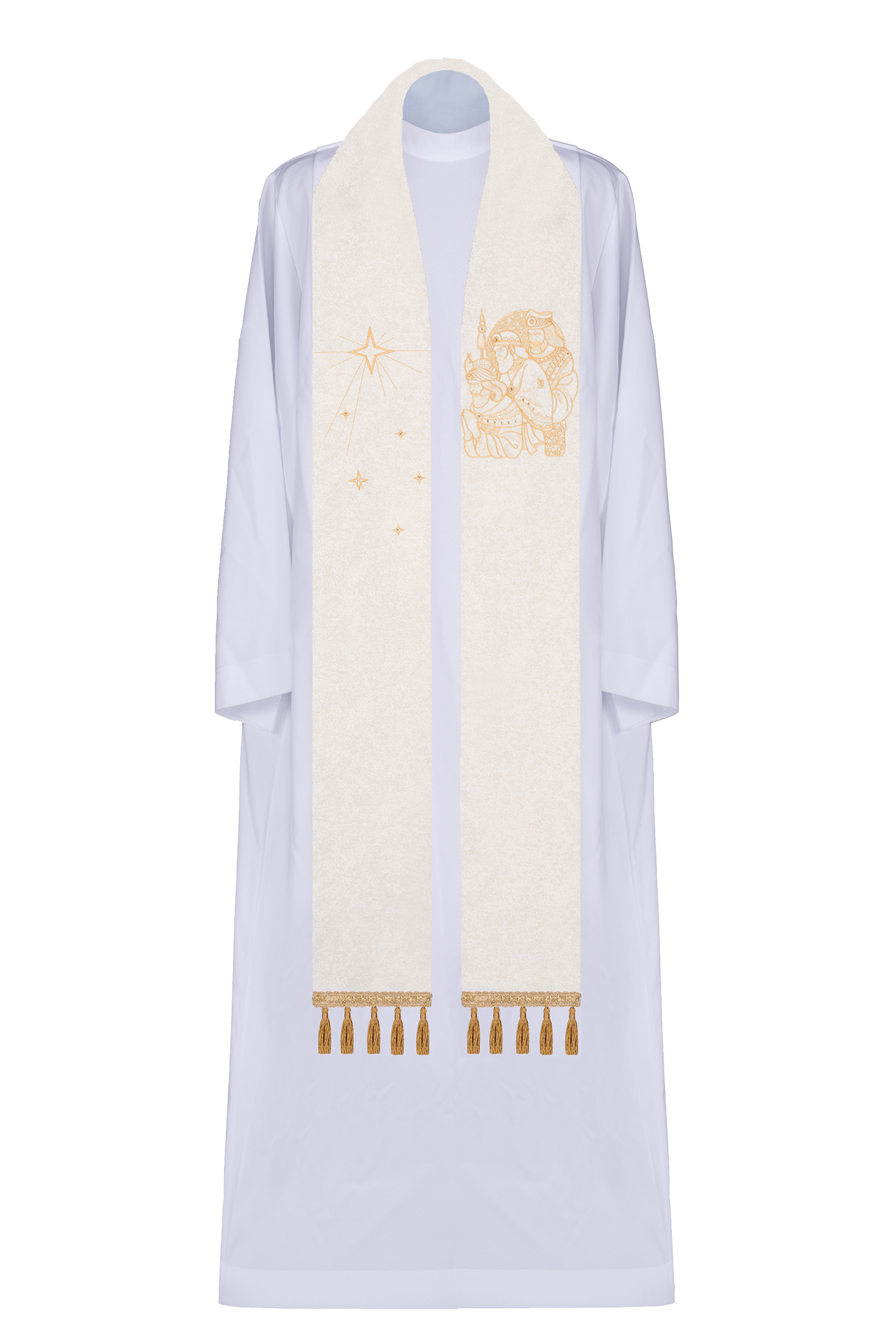 Gold brocade priest stole featuring embroidery of the Three Wise Men