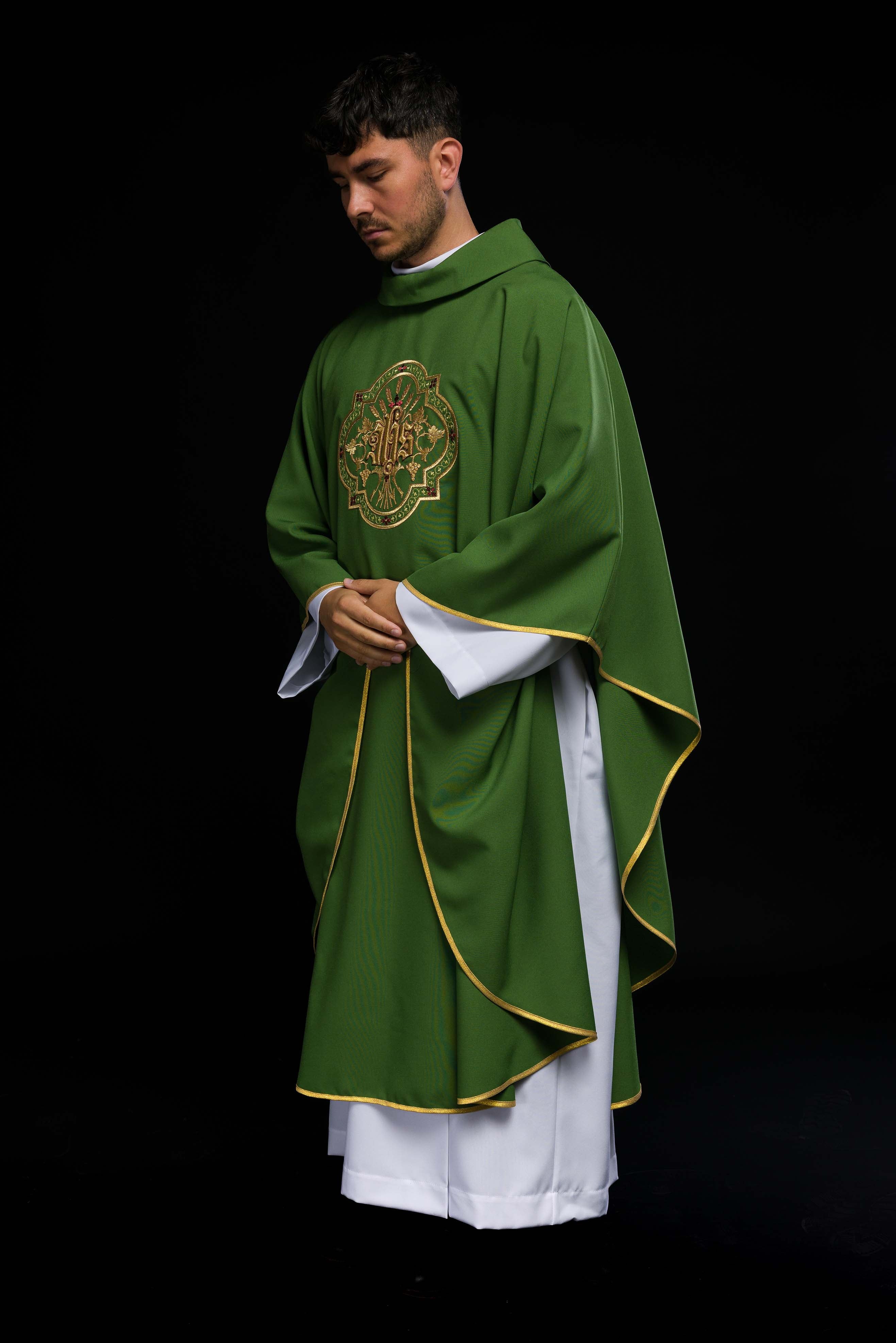Green Chasuble with IHS & PAX Embroidery