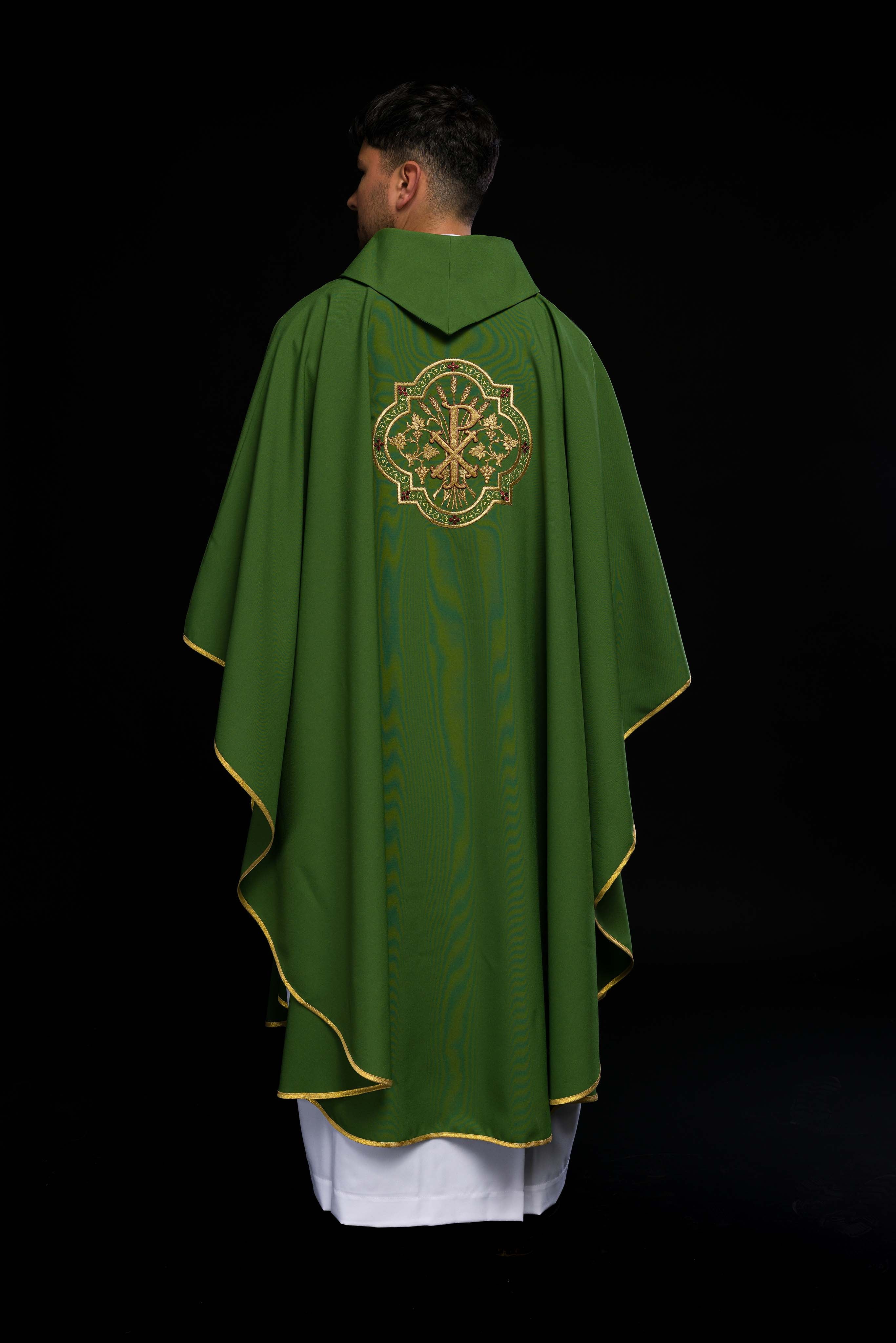 Green Chasuble with IHS & PAX Embroidery