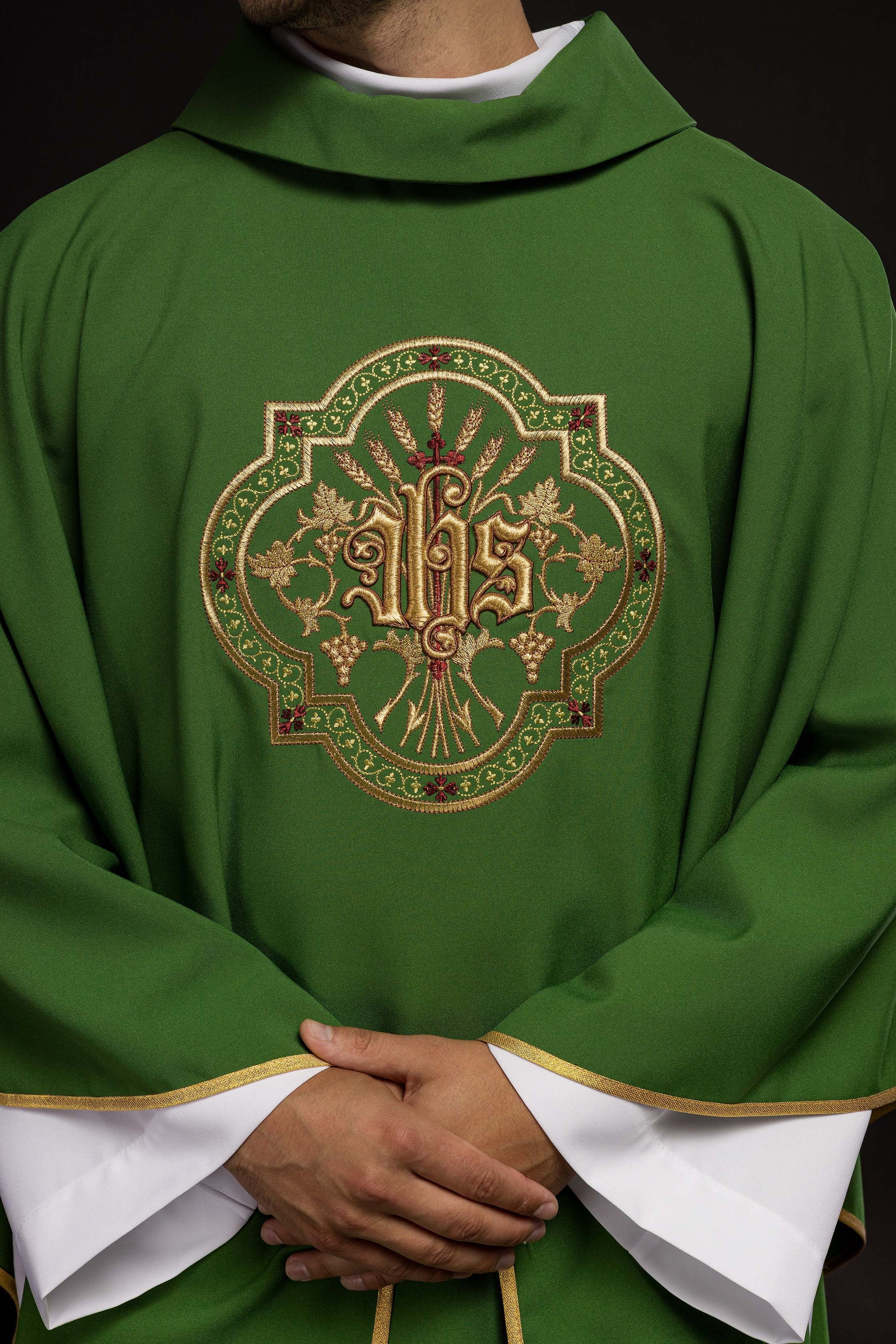Green Chasuble with IHS & PAX Embroidery