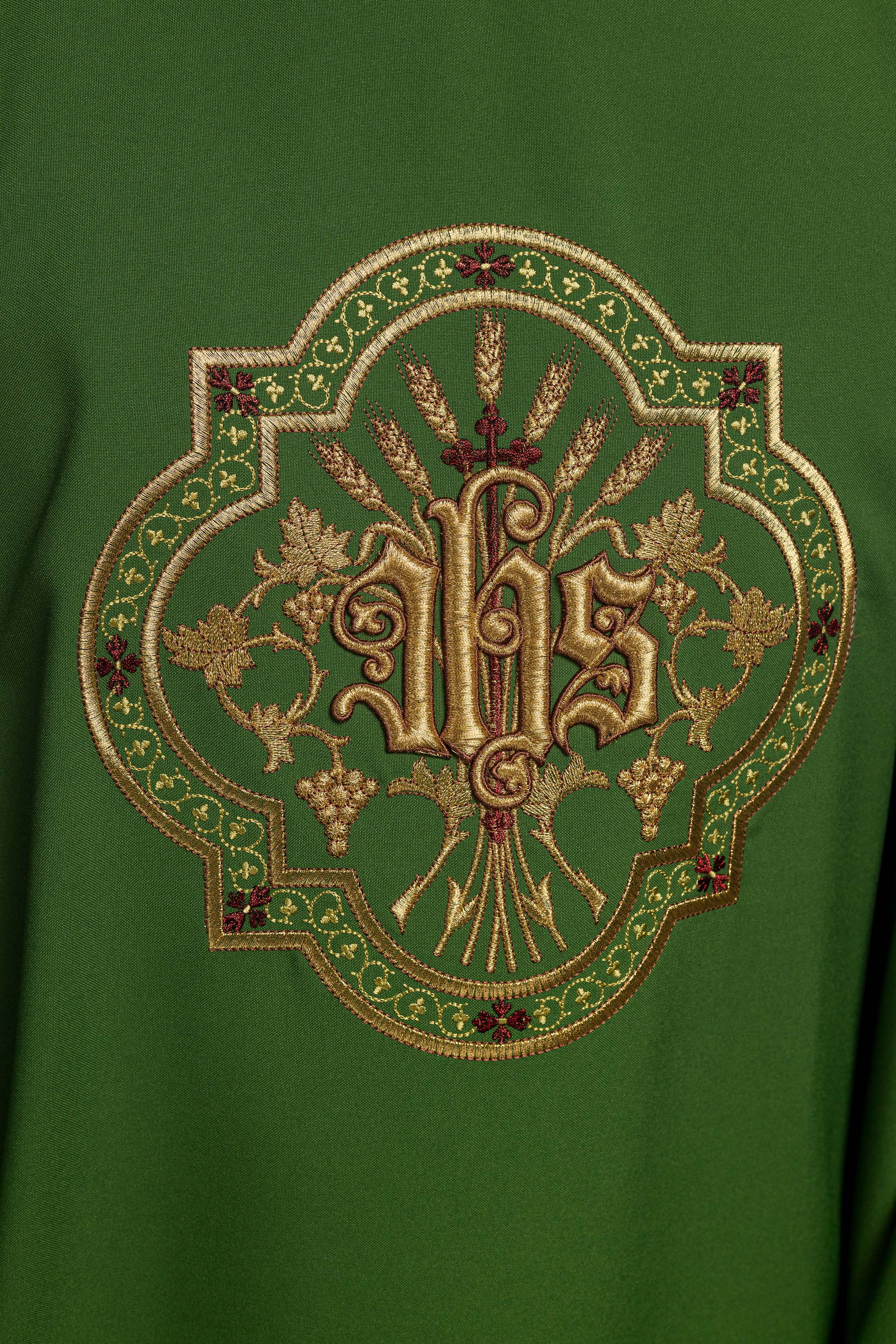 Green Chasuble with IHS & PAX Embroidery