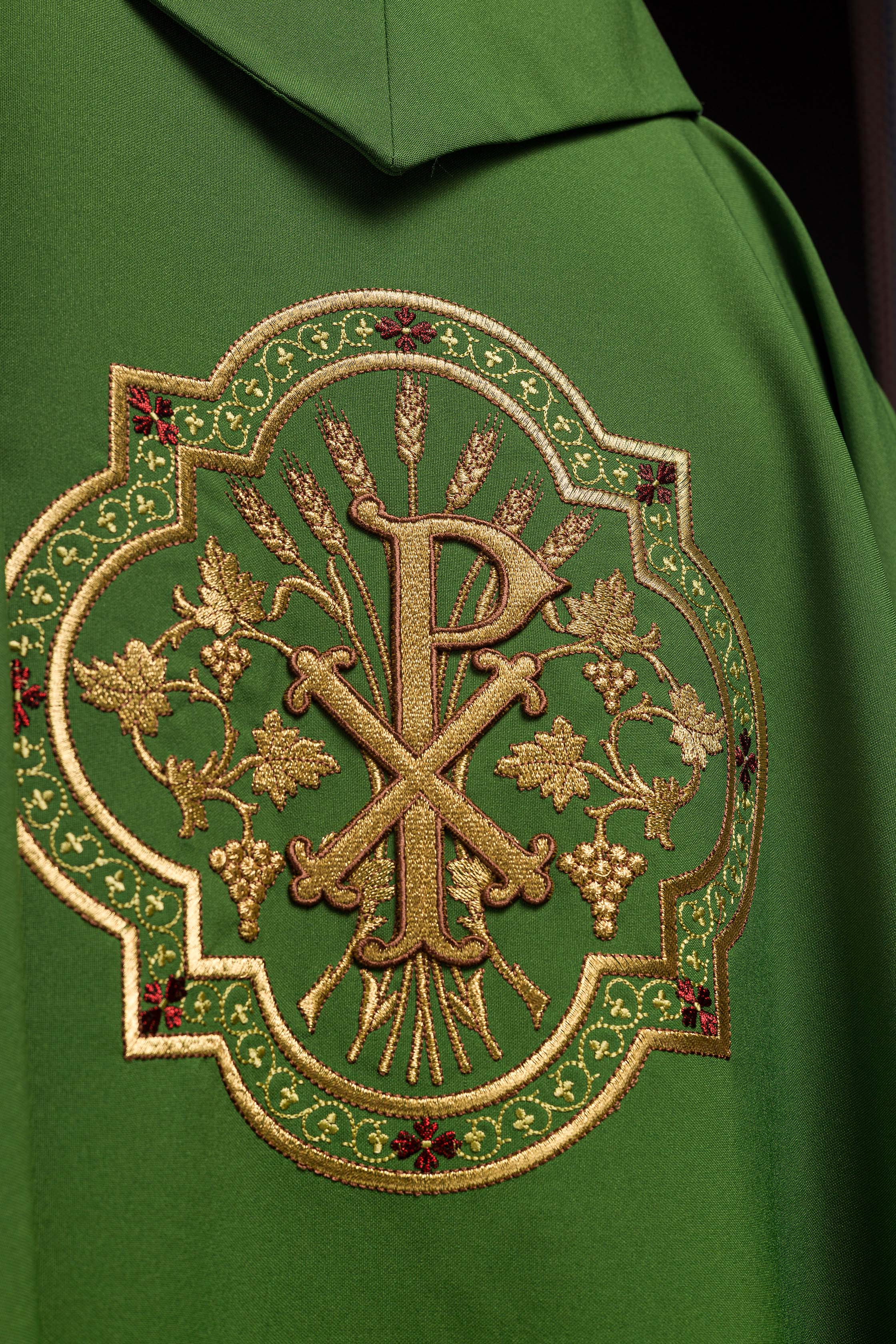Green Chasuble with IHS & PAX Embroidery