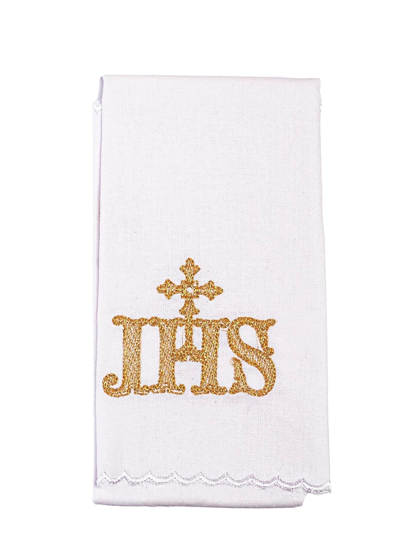 Complete set of linen chalice linens featuring an embroidered golden IHS symbol