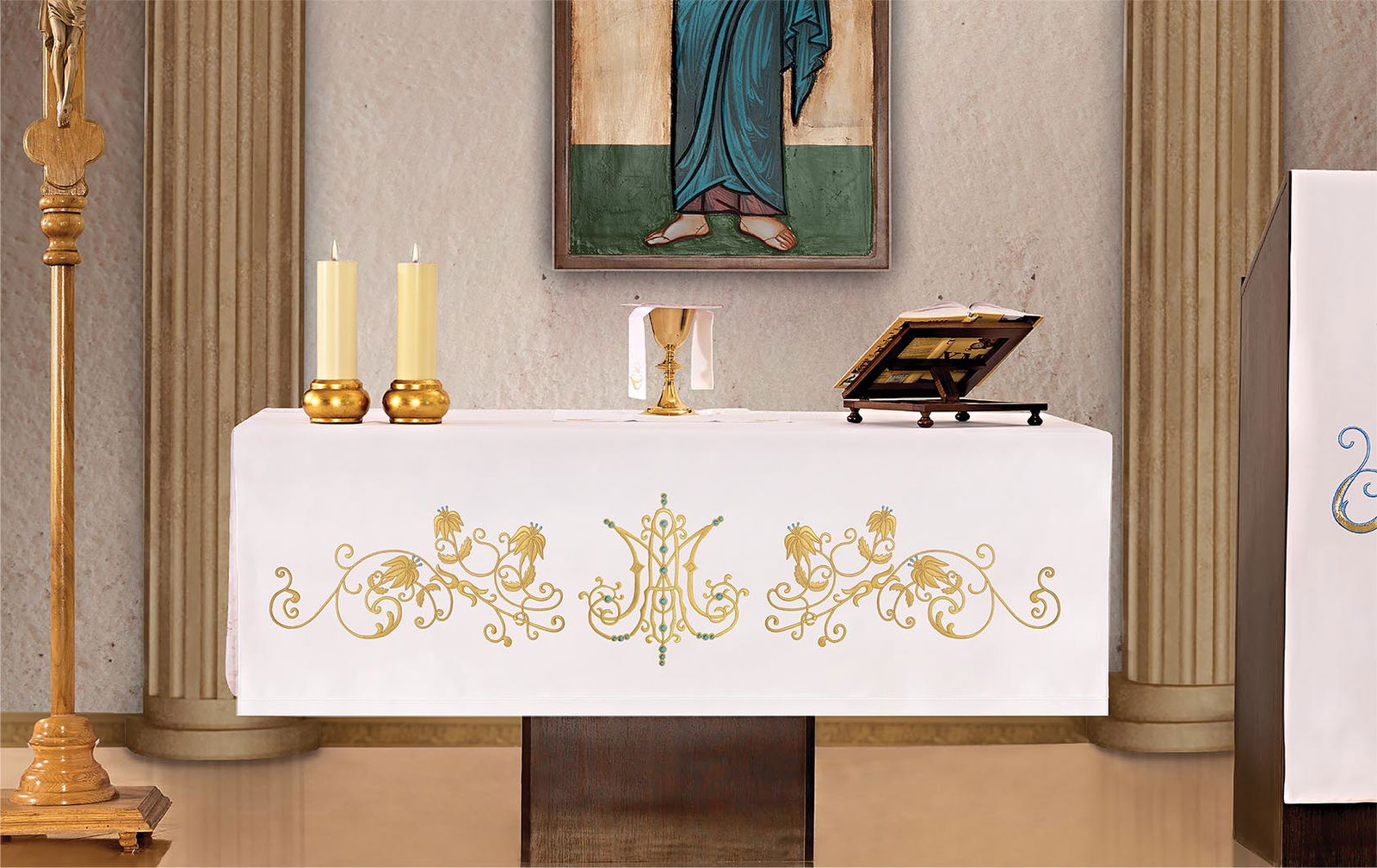 Stain-Resistant Altar Cloth Featuring Marian Embroidery