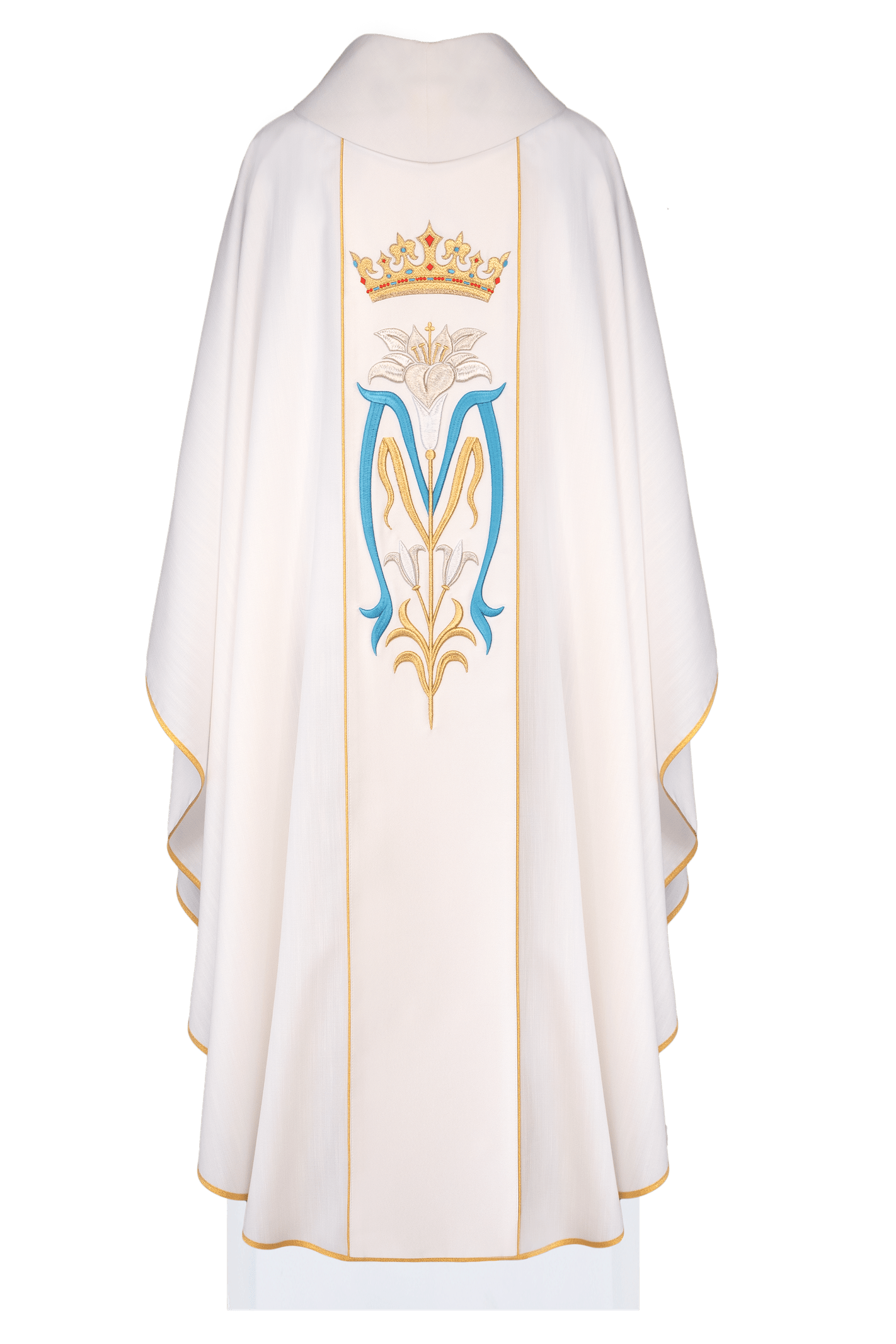 Marian chasuble featuring an embroidered crown and Marian emblem