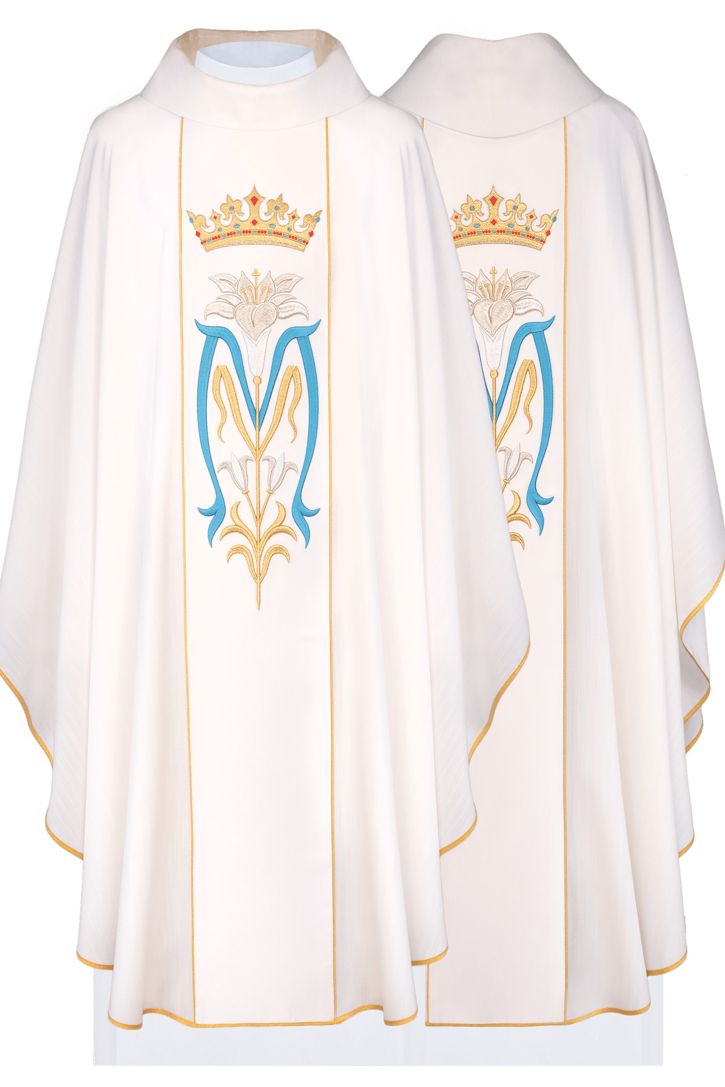 Marian chasuble featuring an embroidered crown and Marian emblem