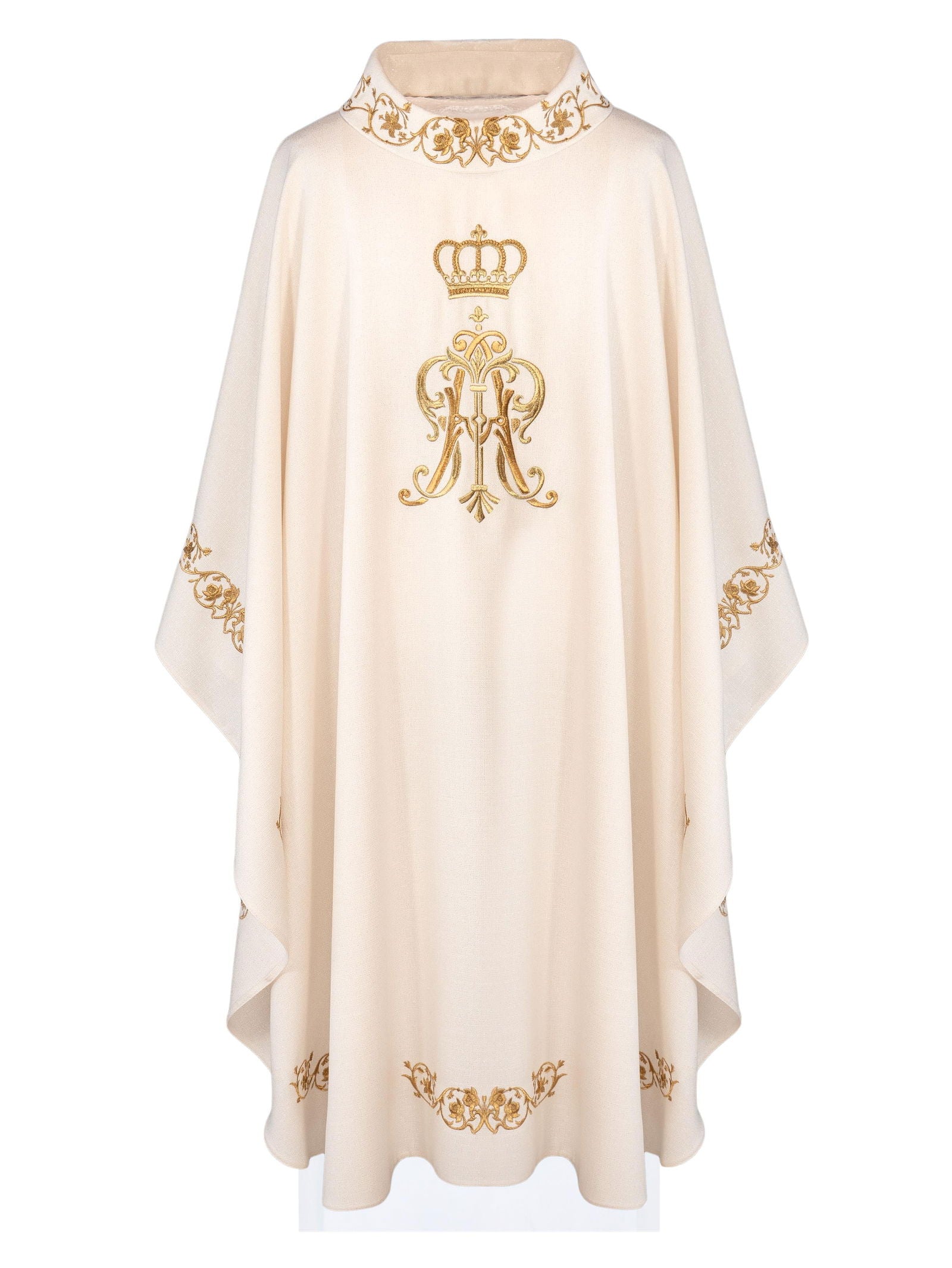 Liturgical chasuble featuring an embroidered Marian emblem and a golden crown