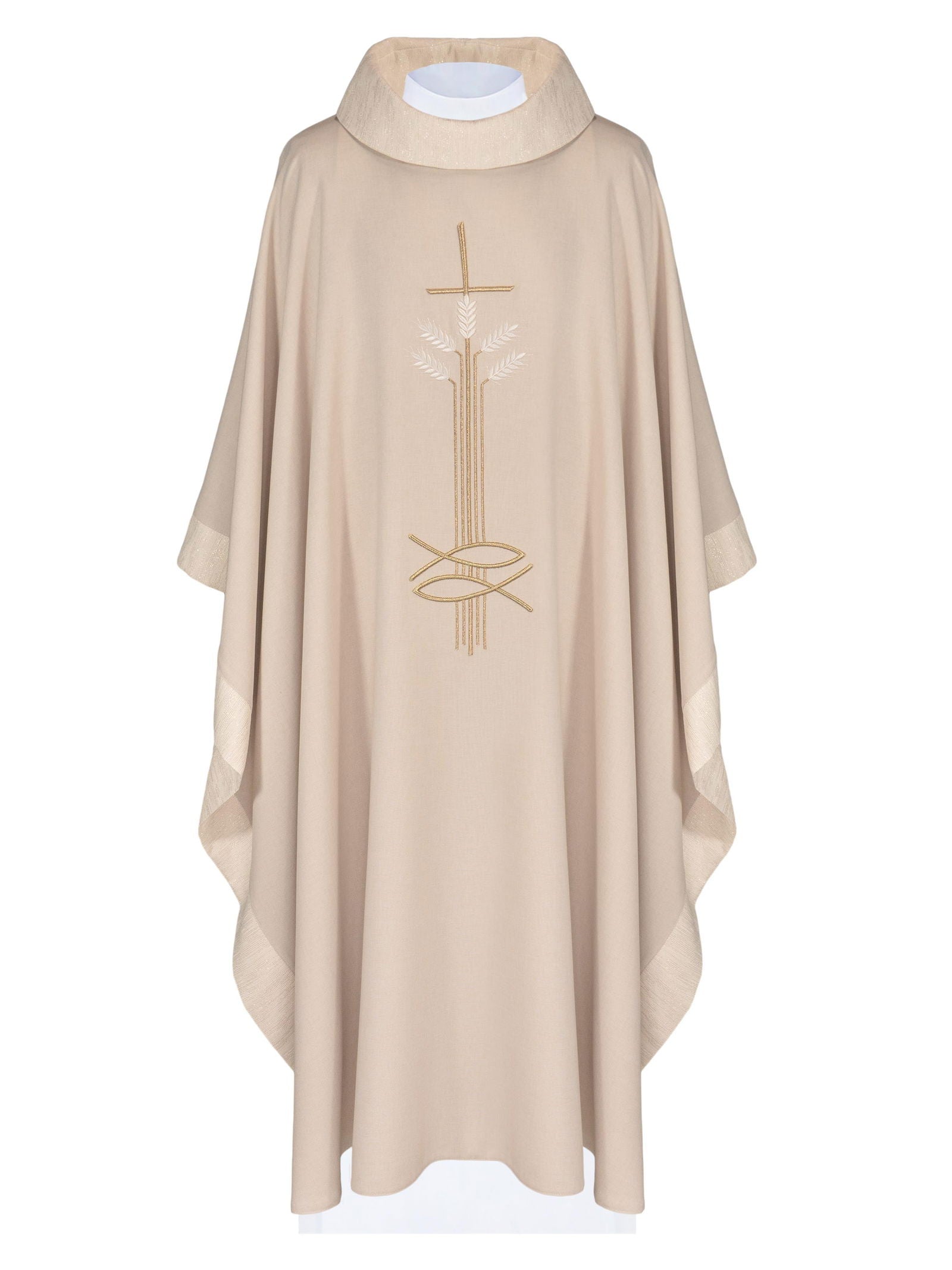 Liturgical chasuble featuring embroidered cross, ears of wheat, and fish in ecru color