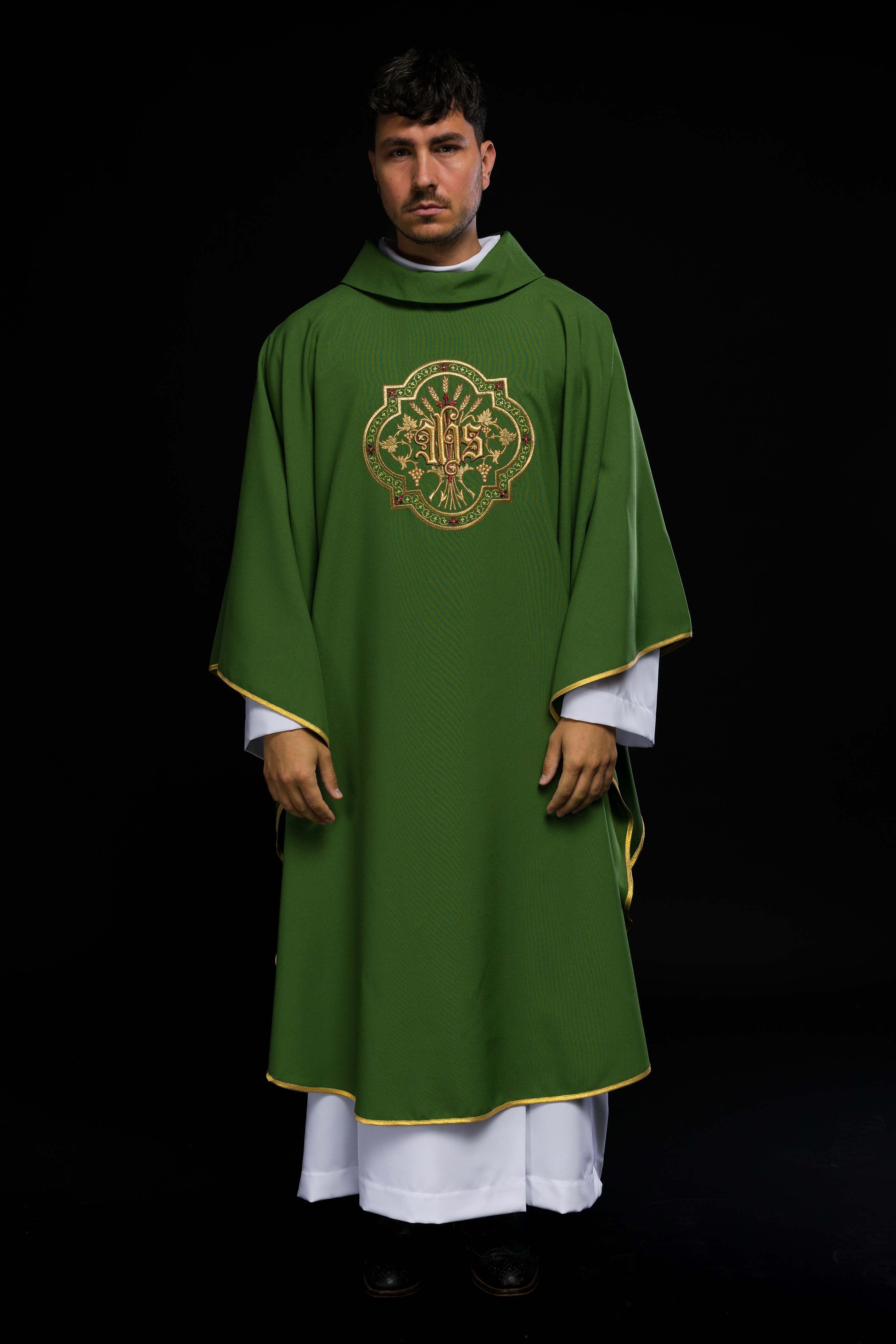 Green Chasuble with IHS & PAX Embroidery