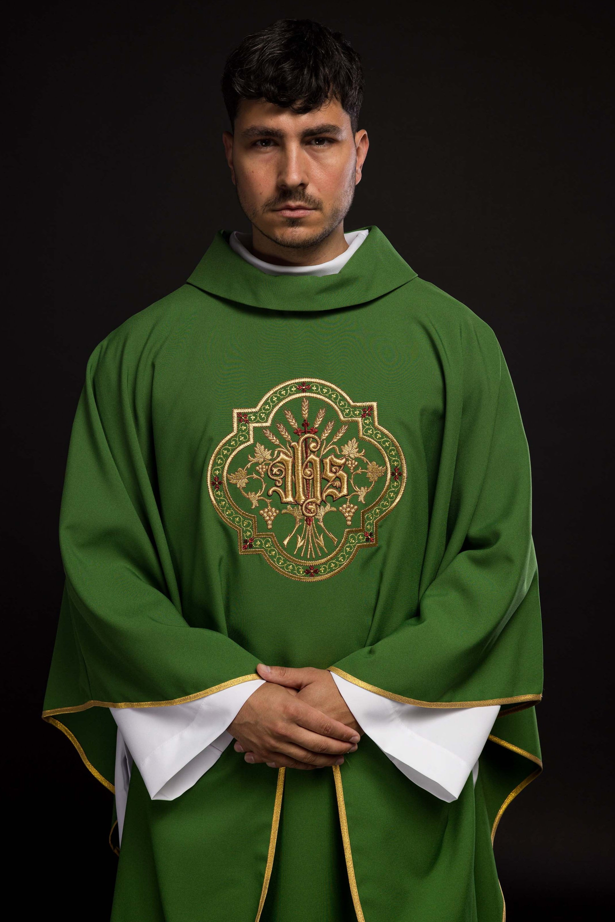 Green Chasuble with IHS & PAX Embroidery