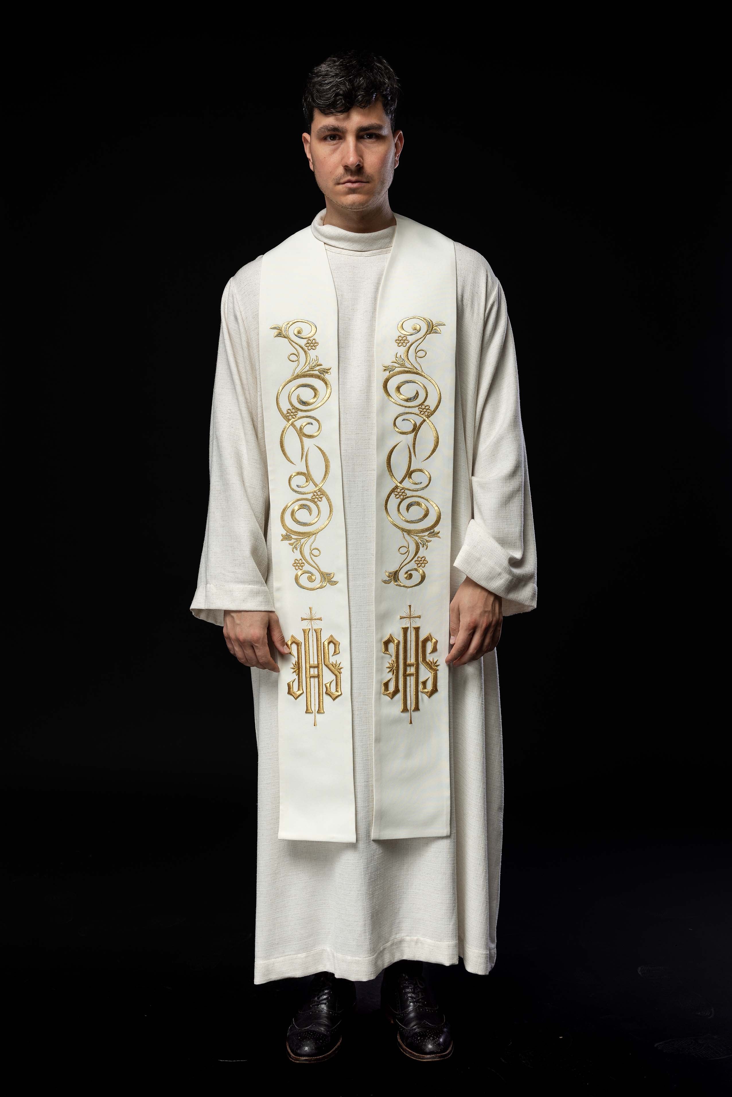 Embroidered IHS Stole - Ecru