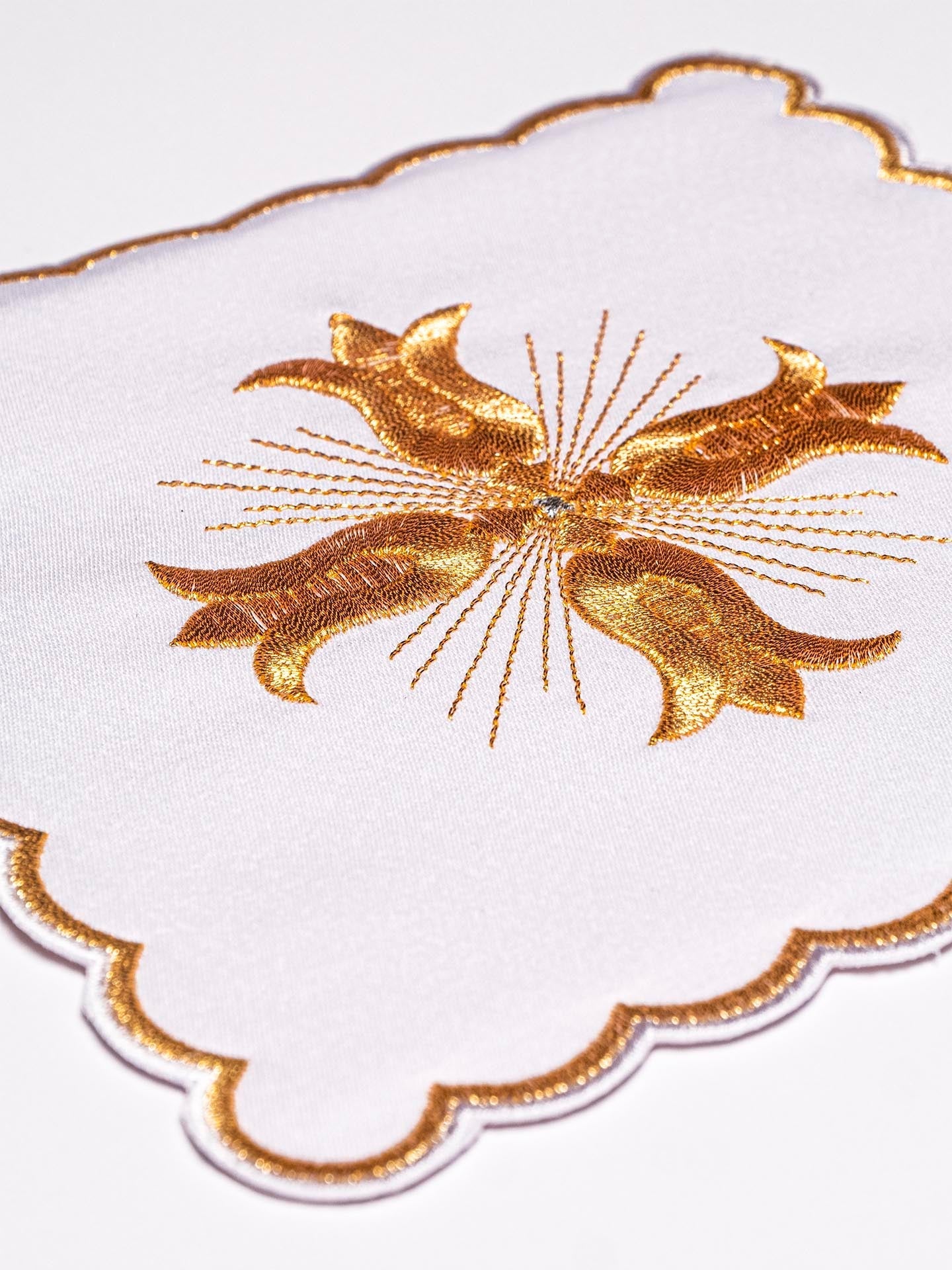Complete set of chalice linens featuring eucharistic embroidery and gold trim