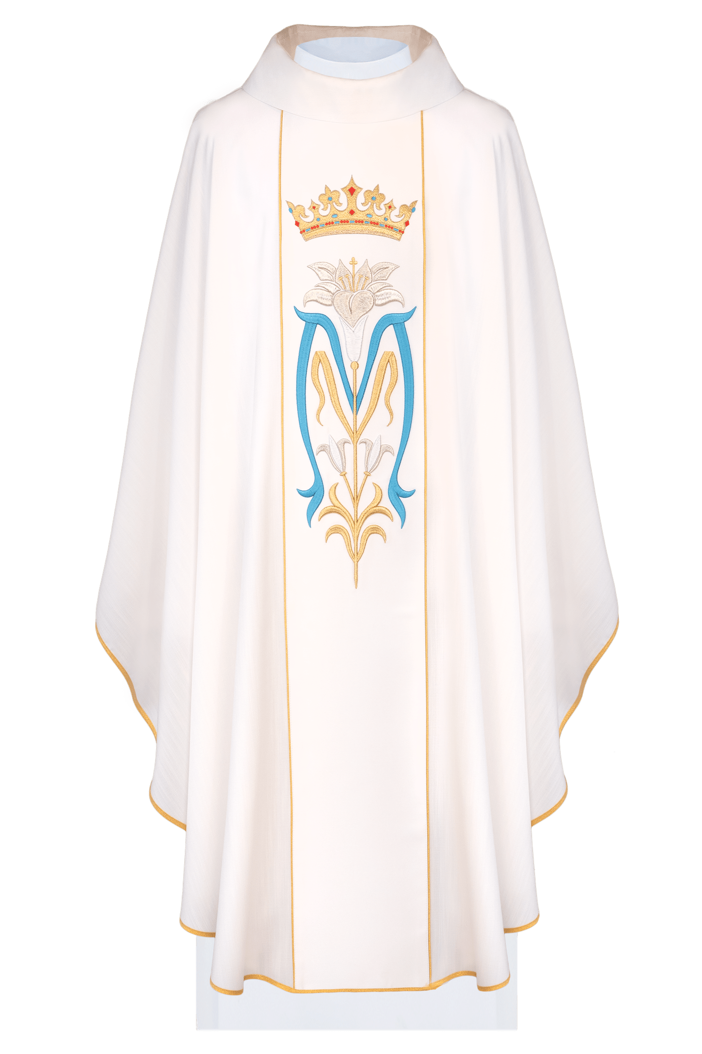 Marian chasuble featuring an embroidered crown and Marian emblem