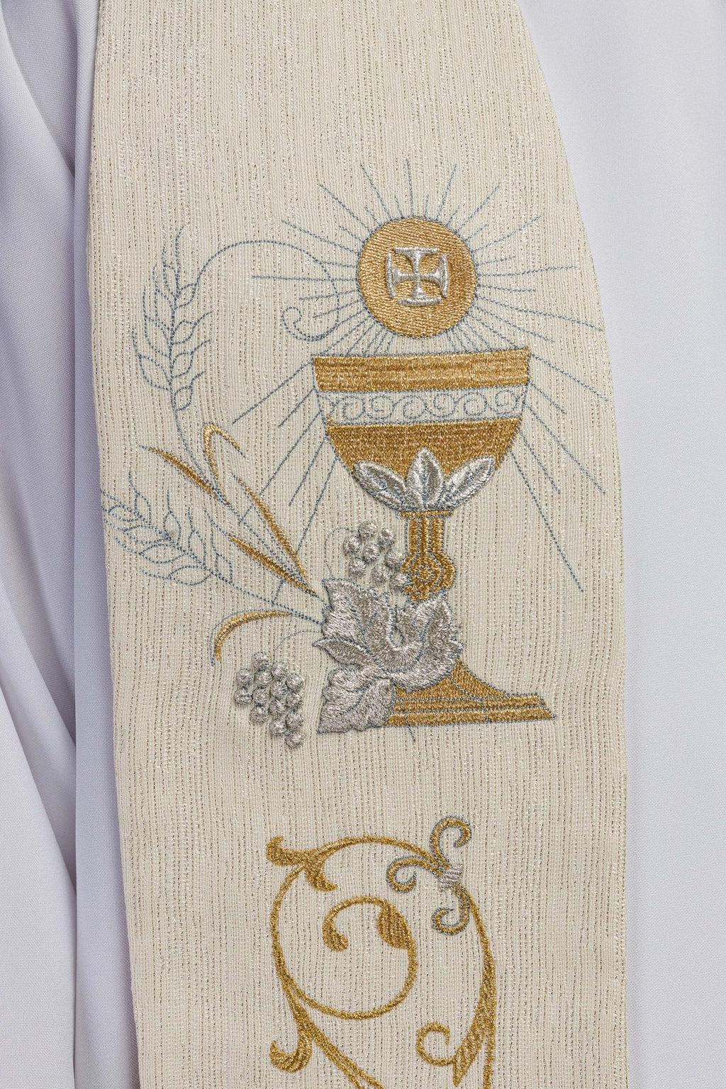 Stuła kapłańska z haftowanym IHS i kielichem eucharystycznym ecru