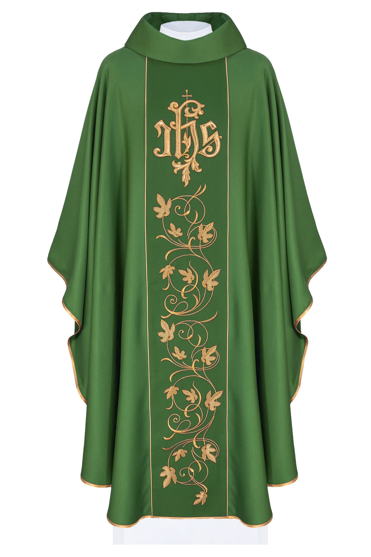 Zielony ornat liturgiczny z bogato zdobionym pasem motywem florystycznym i IHS - ORNATY.PL